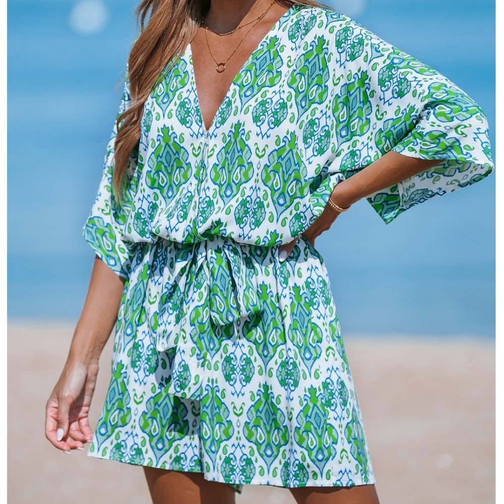 Cupshe Green & Blue Geometric Boho Wide Leg Romper,Large, Beach Vacation, Travel